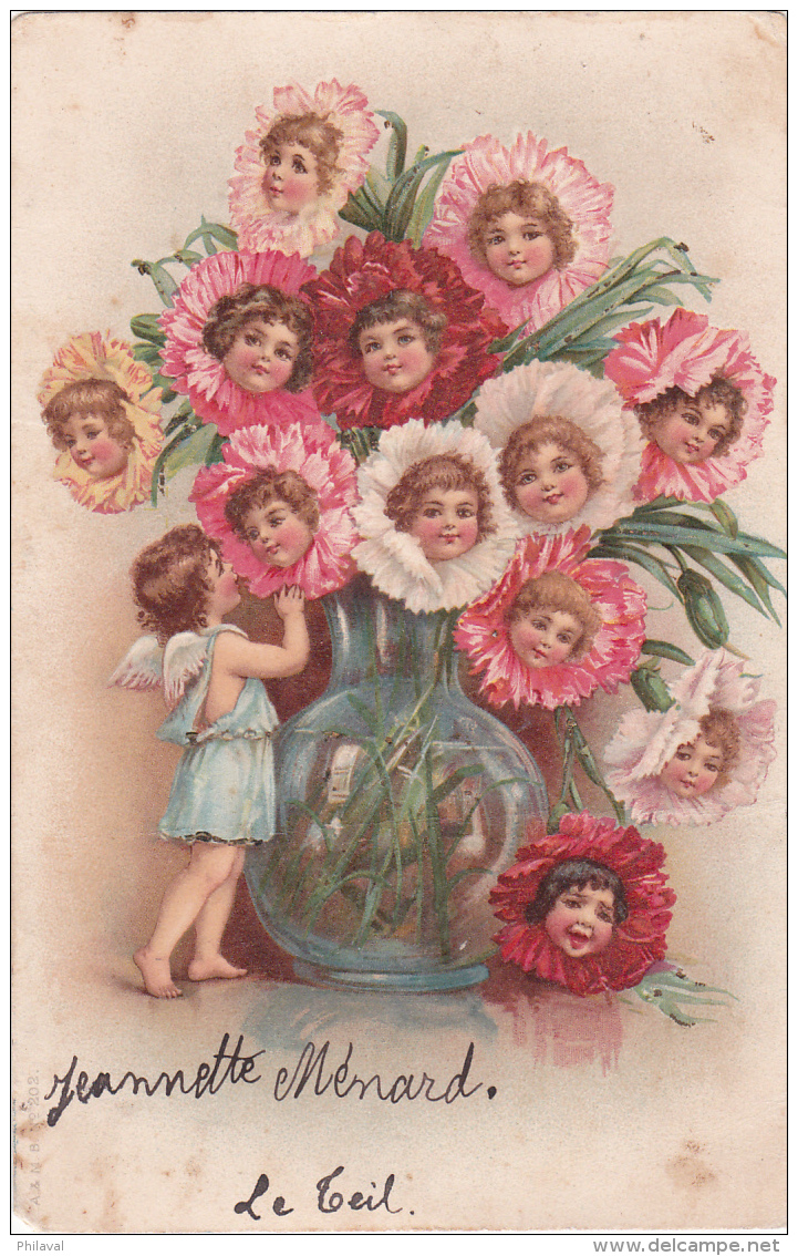 Les Enfants Sont Des Fleurs Dans Un Vase - Un Ange  - 1904 - Pli Vertical !!! - Anges