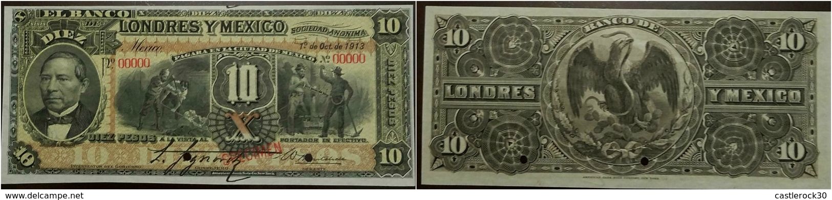 O) 1913 MEXICO, BANKNOTE -SPECIMEN PUNCH  10 PESOS P.S233. HOLE CANCELLATION AND RED OVERPRINT AT LOWER CENTER, SERIAL N - Mexique