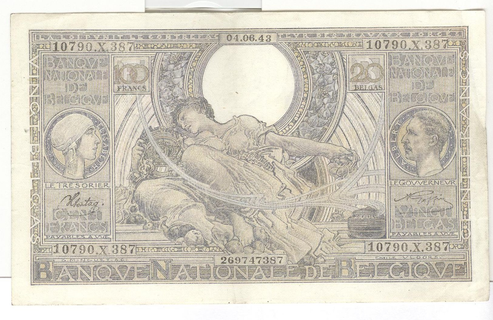 Lot de 5 Billets 100 Francs ou 20 Belgas Belgique - 10790X384  10790X385 10790X386 10790X387 10790X388 - 04.06.43