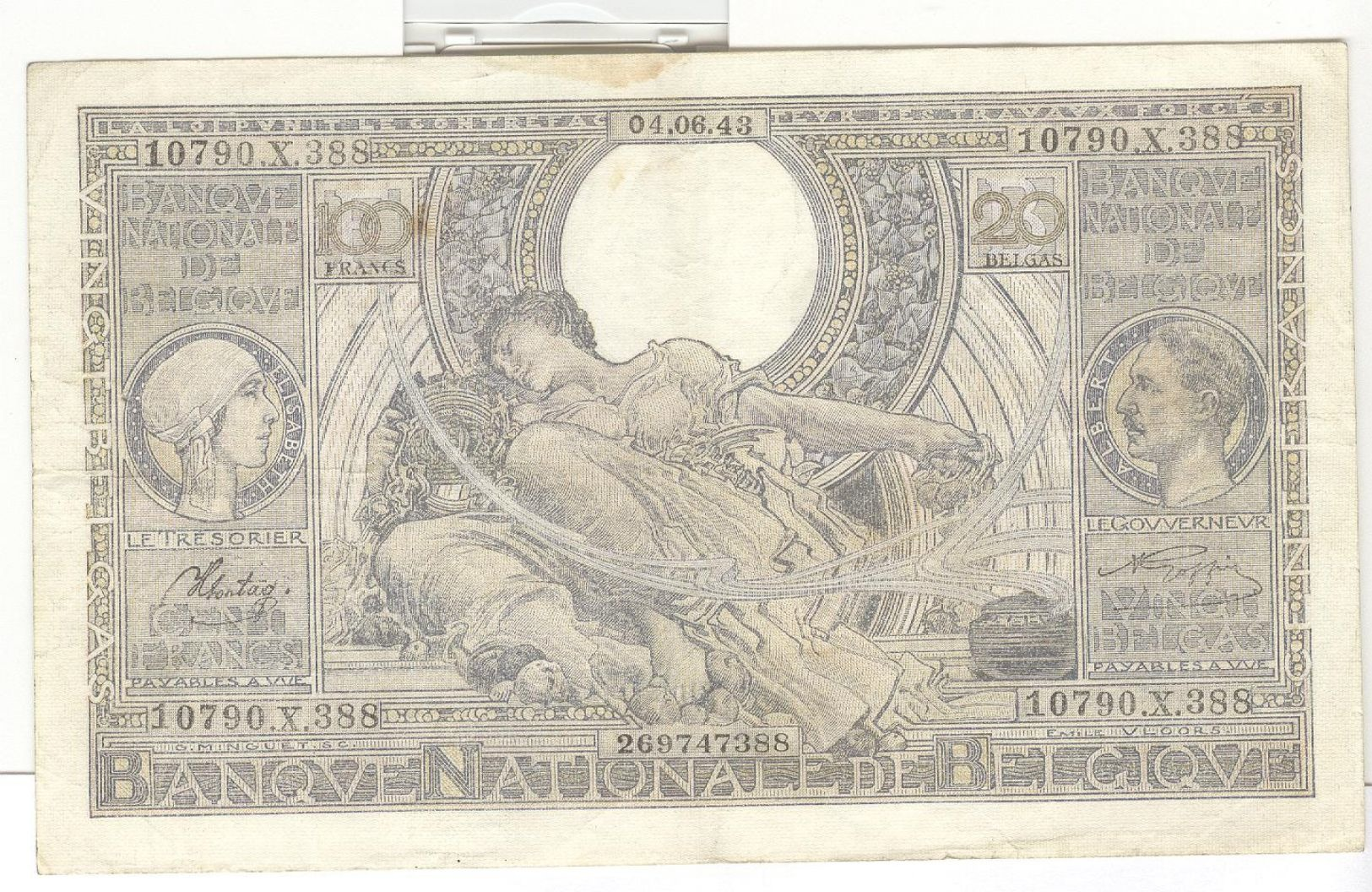 Lot de 5 Billets 100 Francs ou 20 Belgas Belgique - 10790X384  10790X385 10790X386 10790X387 10790X388 - 04.06.43