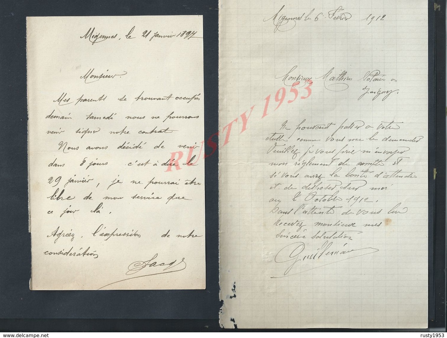 2 LETTRES DE 1897/1912 ECRITE DE MIGENNES : - Manuscripts