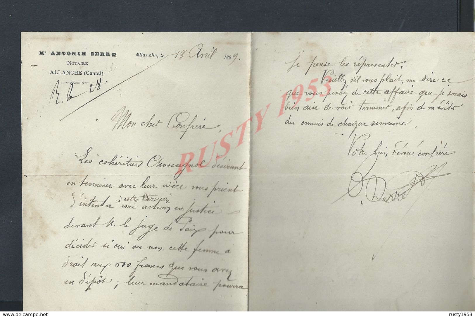 LETTRE DE 1899 M ANTONIN SERRE À ALLANCHE CANTAL : - Manuscripts