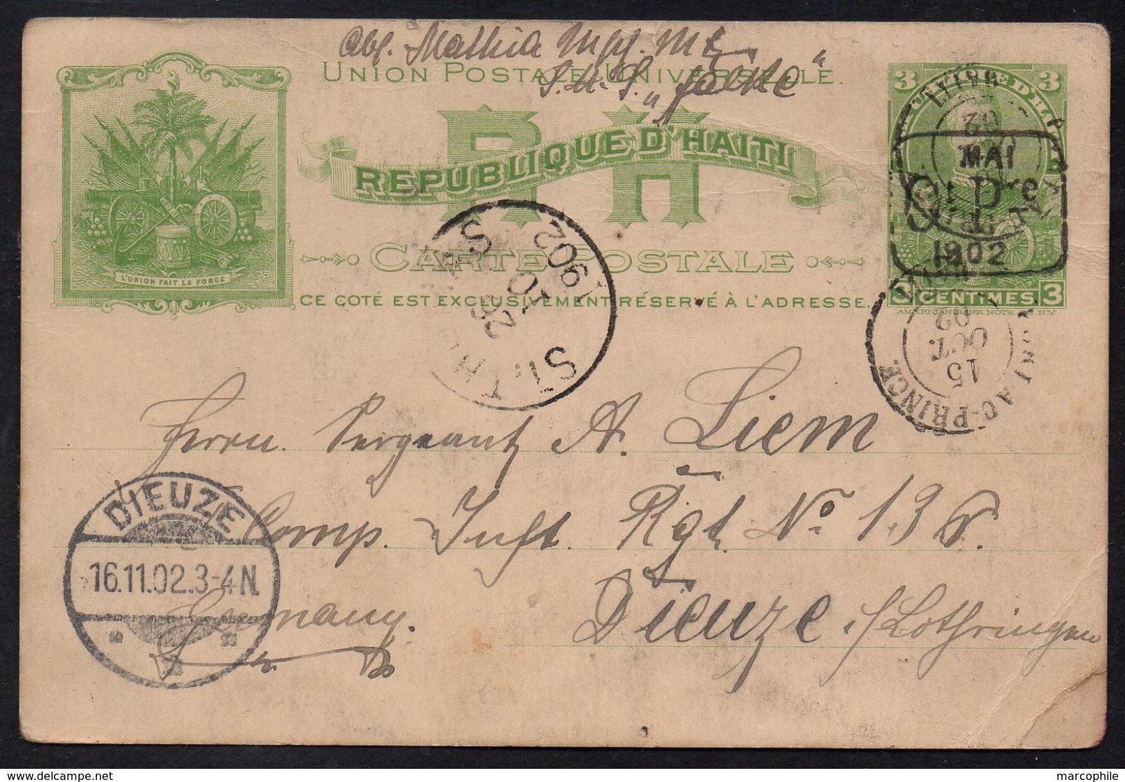 HAITI - PORT AU PRINCE / 1902 SMS "FALKE" ENTIER POSTAL POUR DIEUZE / RARE  (ref LE2030) - Haiti