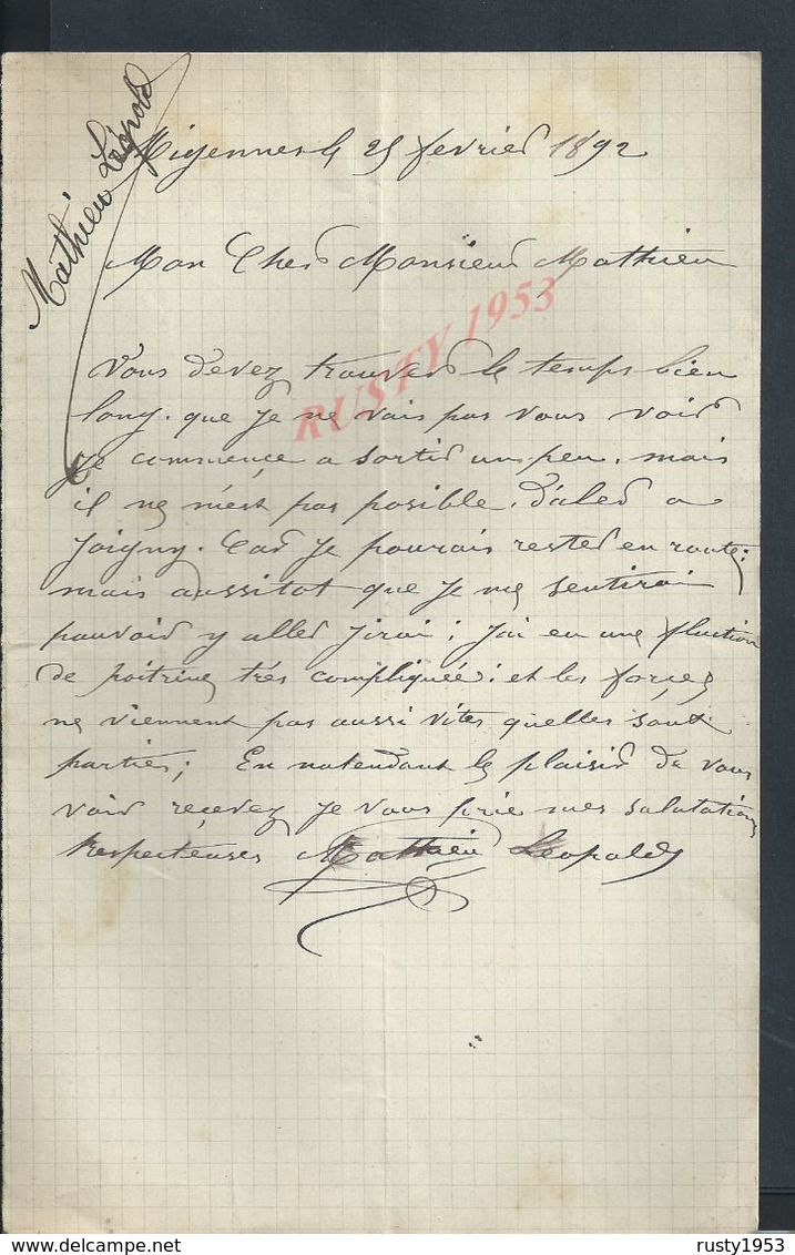 LETTRE DE 1892 ECRITE DE MIGENNES : - Manuscripts