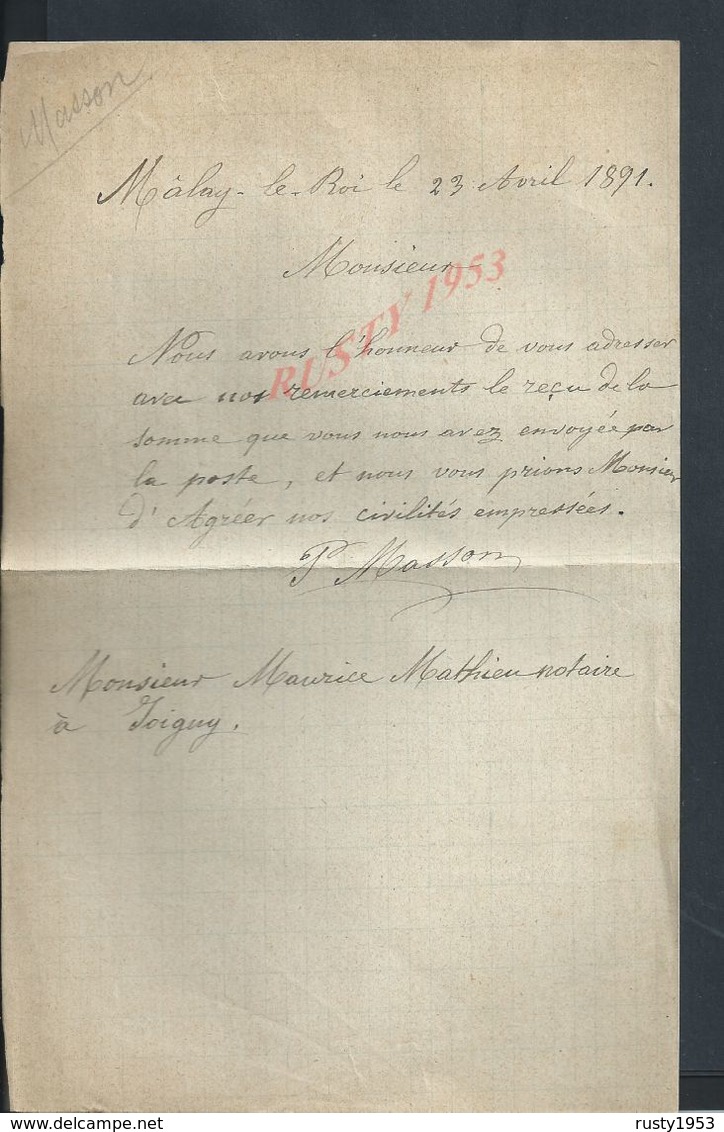 LETTRE DE 1891 ECRITE DE MALALAY LE ROI OU MALAY LE PETIT : - Manuscripts