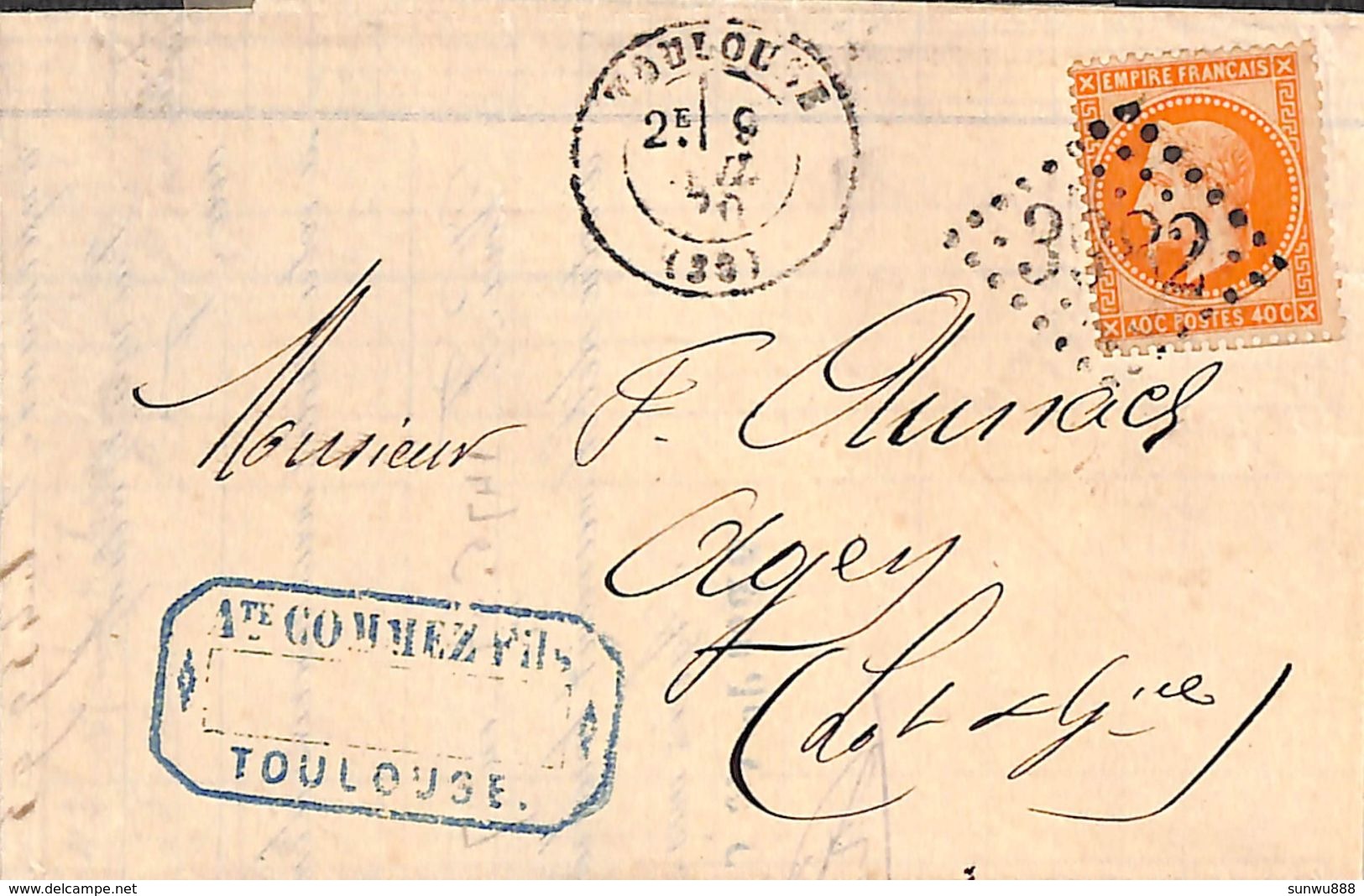 Bordereau A. Commez Fils, Toulouse Pour Agey 1870 (40 C Losange 3382) - 1849-1876: Période Classique