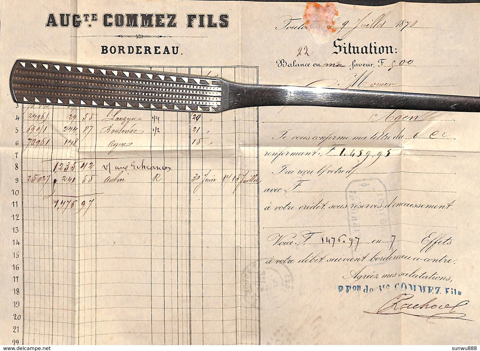 Bordereau A. Commez Fils, Toulouse Pour Agey 1870 (40 C Losange 3382) - 1849-1876: Période Classique