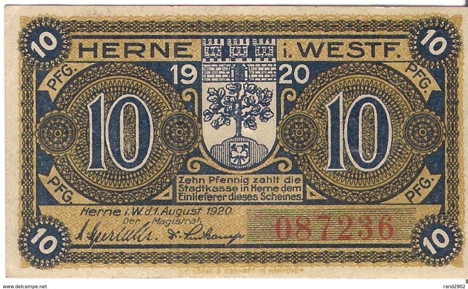 Deutschland Notgeld 10 Pfennig Tieste2960.10.30 HERNE /101M/ - Lokale Ausgaben