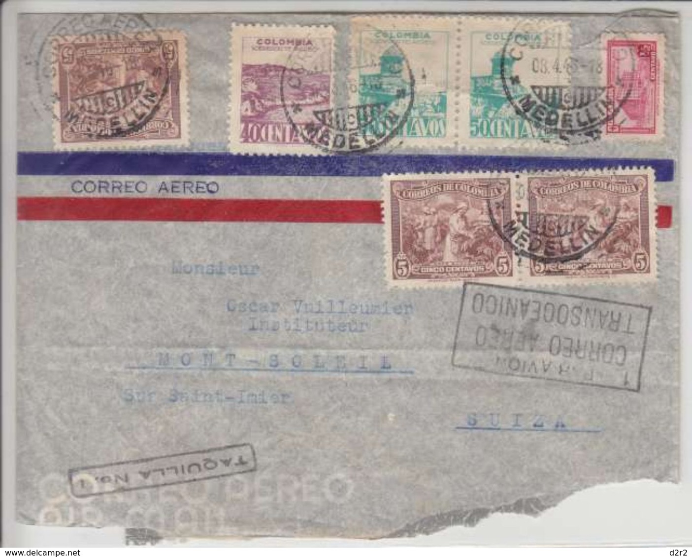 DEVANT DE LETTRE AVIATION  POUR LA SUISSE - 1916 - MULTI-AFFRANCHISSEMENT - Colombia