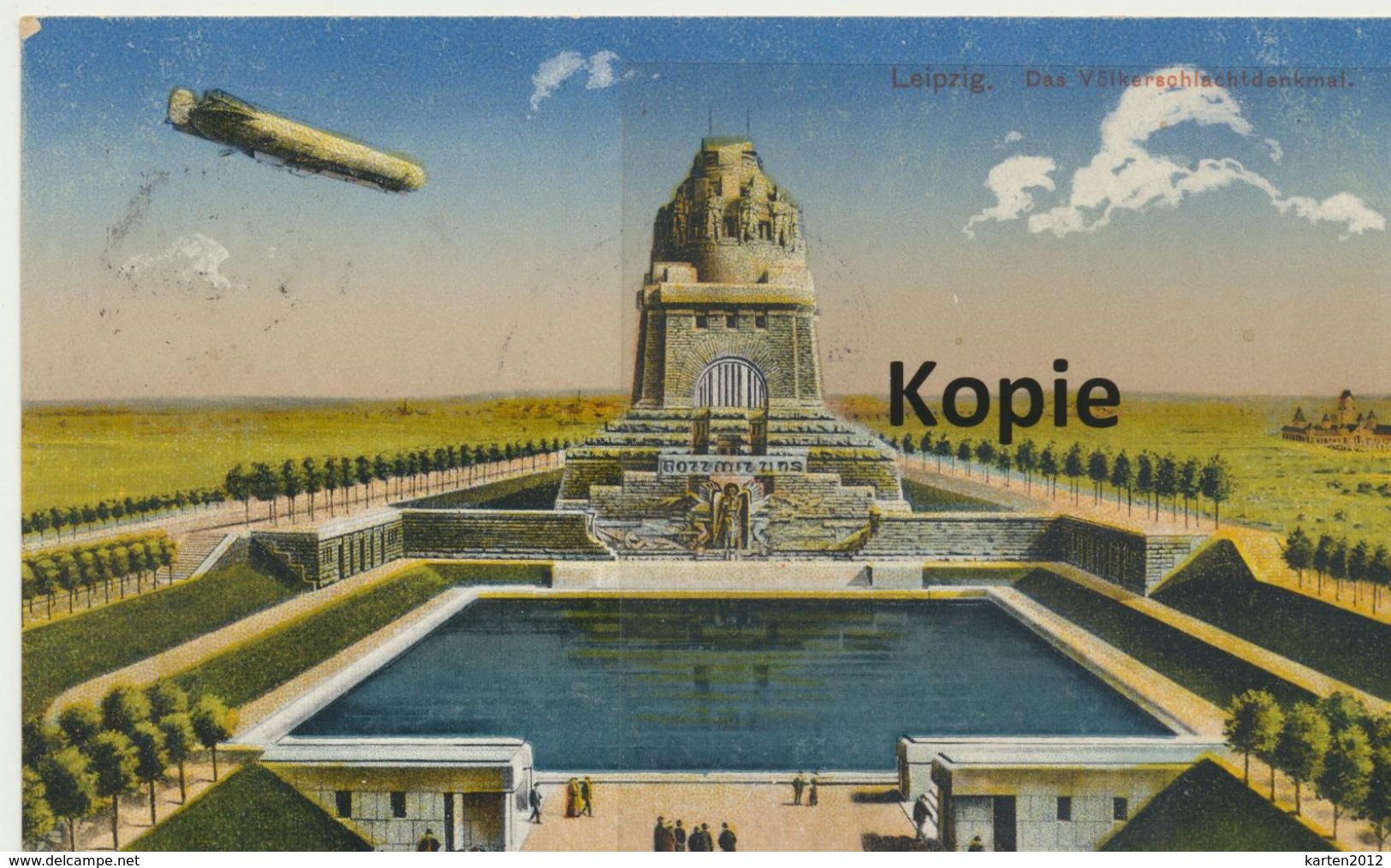 AK Leipzig, Völkerschlachtdenkmal Mit Zeppelin, (Stempel: Genesungsheim Waldfrieden Lindhardt) - Leipzig