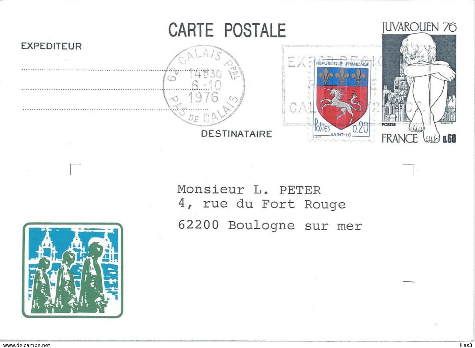 Carte JUVAROUEN 76 Yvert N° 1876-CP1 Oblitération Calais 1976 Repiquage Pour Le Congrès Régional Philatélique - Cartes Postales Repiquages (avant 1995)