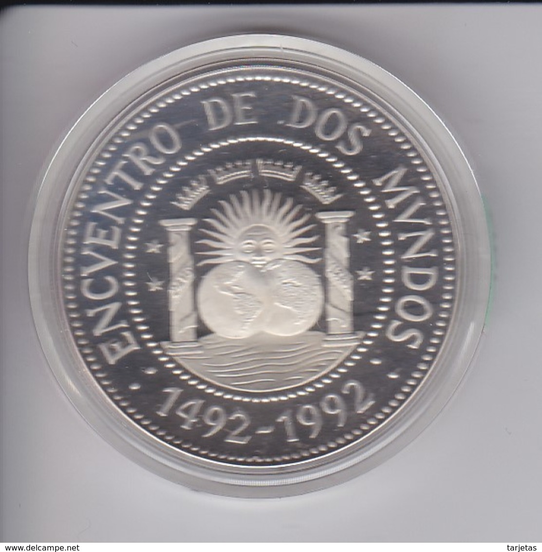 MONEDA DE PLATA DE ARGENTINA DE 1000 AUSTRALES DEL AÑO 1991 - ENCUENTRO ENTRE DOS MUNDOS 1492-1992 - Argentina