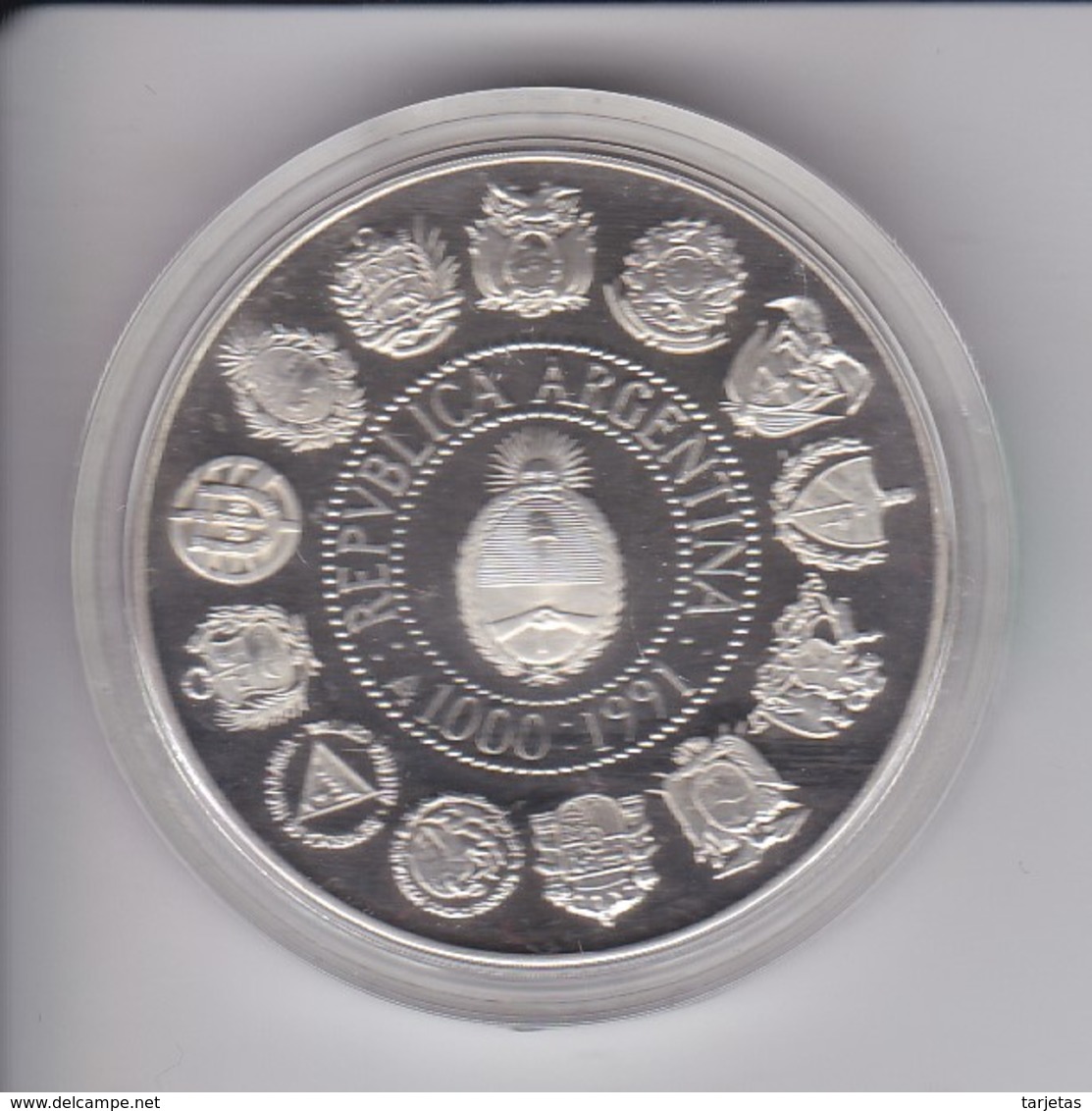 MONEDA DE PLATA DE ARGENTINA DE 1000 AUSTRALES DEL AÑO 1991 - ENCUENTRO ENTRE DOS MUNDOS 1492-1992 - Argentina