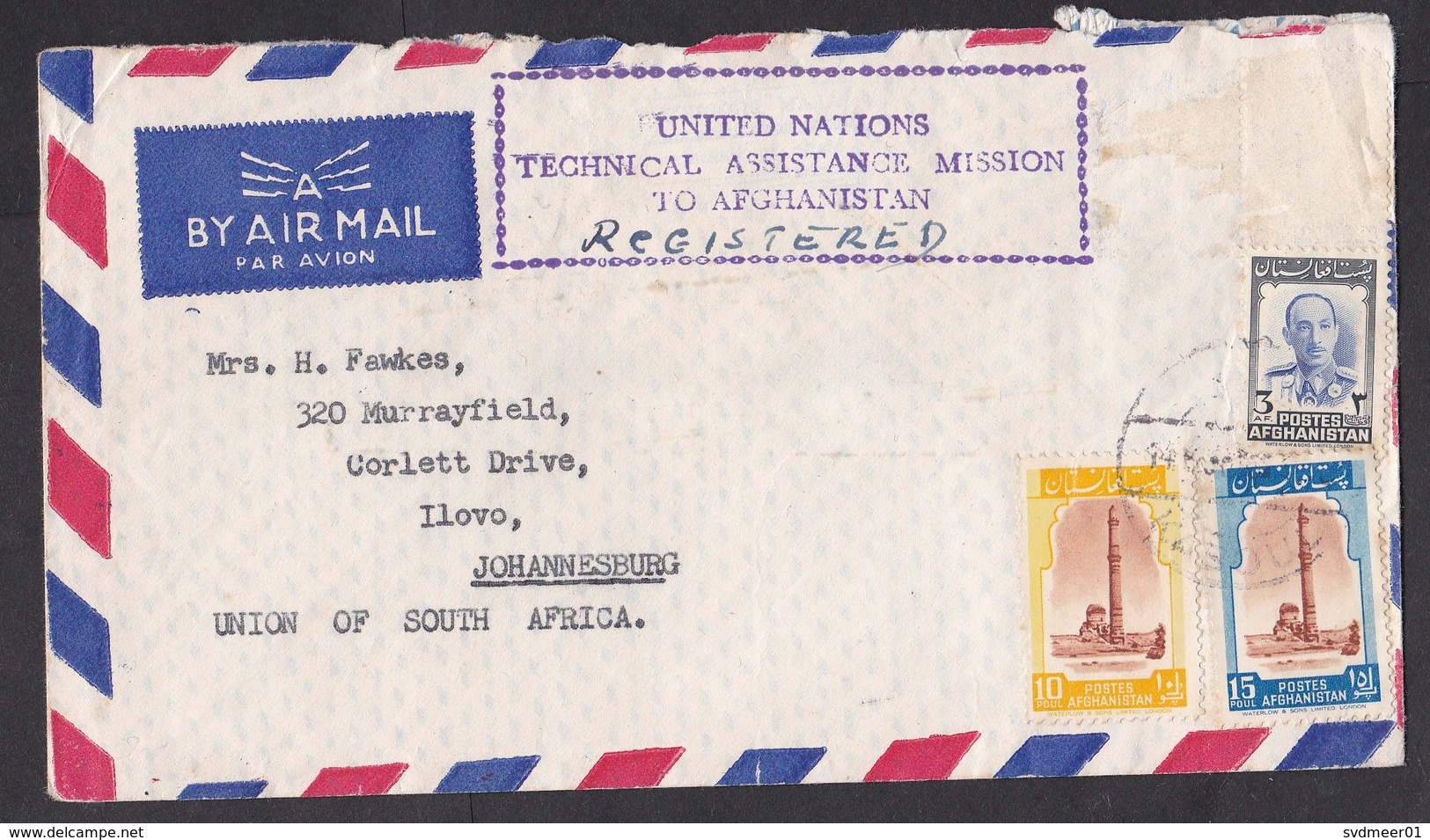 Afghanistan: Airmail Cover To South Africa, 1950s?, 3 Stamps, Sent By UN Assistance Mission (damaged, See Scan) - Afghanistan