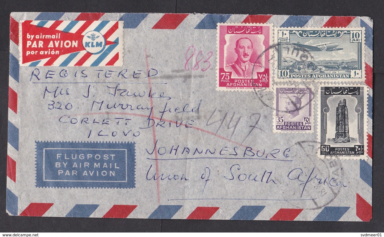 Afghanistan: Airmail Cover To South Africa, 1950s?, 4 Stamps, Rare KLM Air Label, UN Mission (minor Damage, See Scan) - Afghanistan