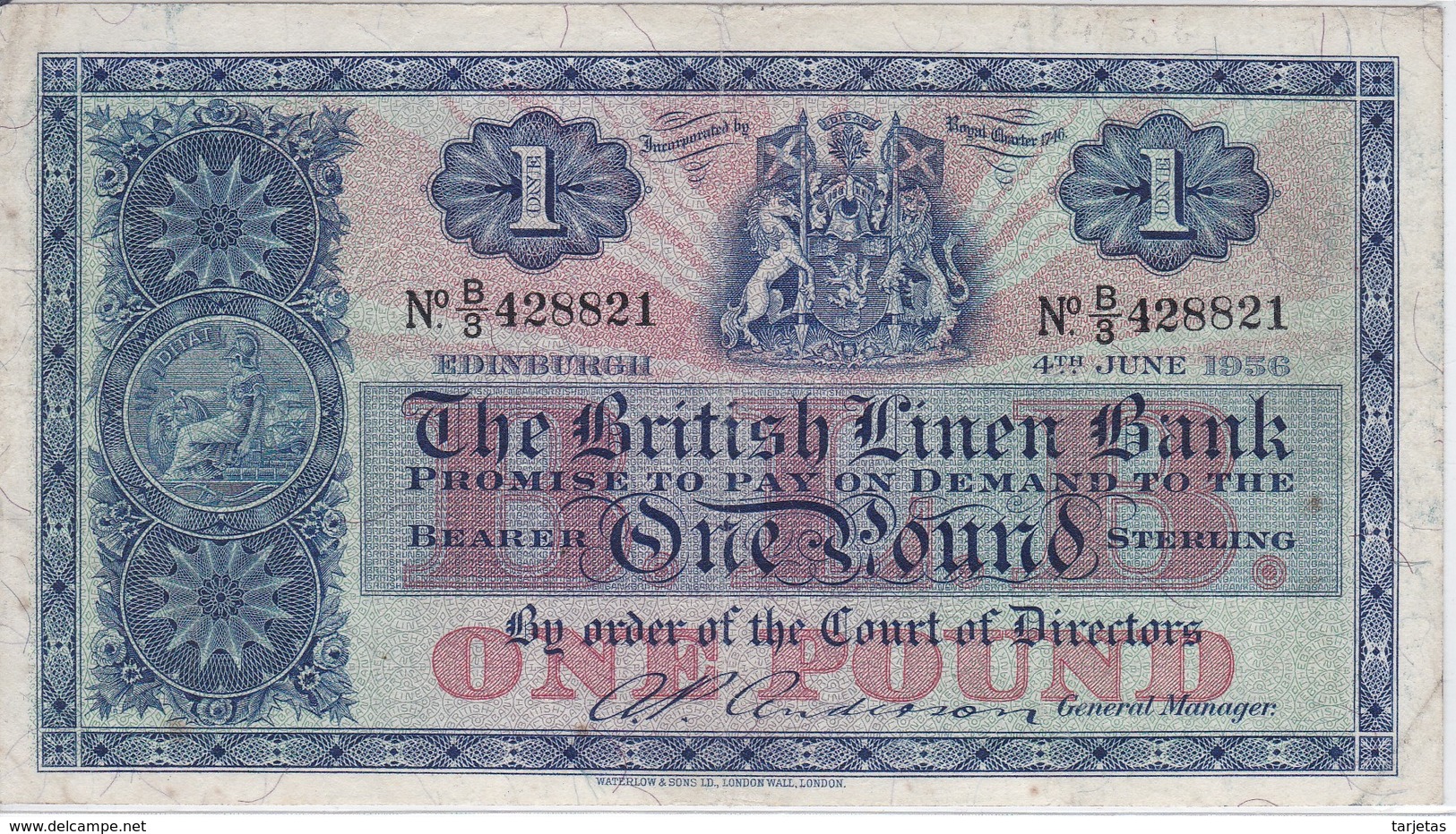 BILLETE DE ESCOCIA DE 1 POUND DEL AÑO 1956  (BANKNOTE) EDINBURGH  (RARO) - 1 Pond