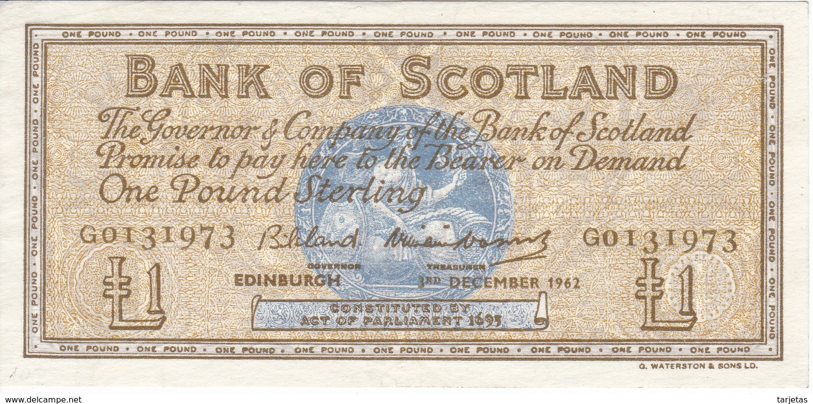 BILLETE DE ESCOCIA DE 1 POUND DEL AÑO 1962  (BANKNOTE) EDINBURGH  (RARO) - 1 Pound