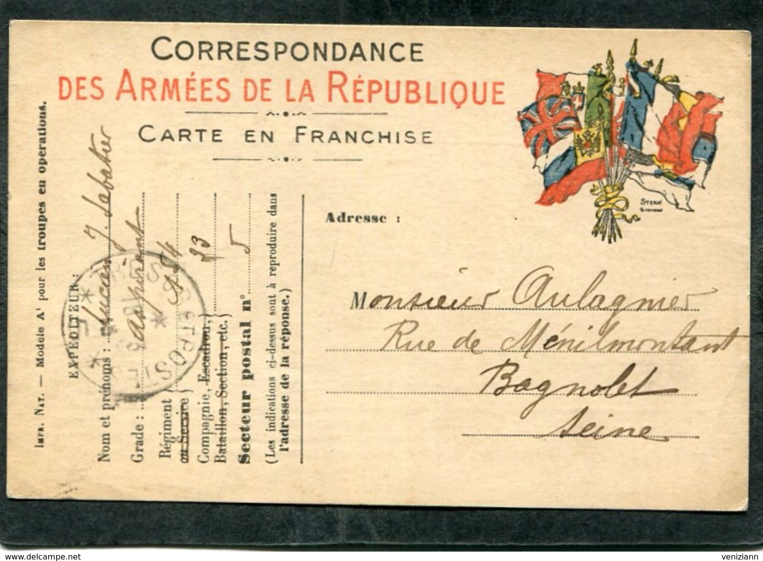 Carte De Correspondance Des Armées De La République, 1916 - Guerre 1914-18