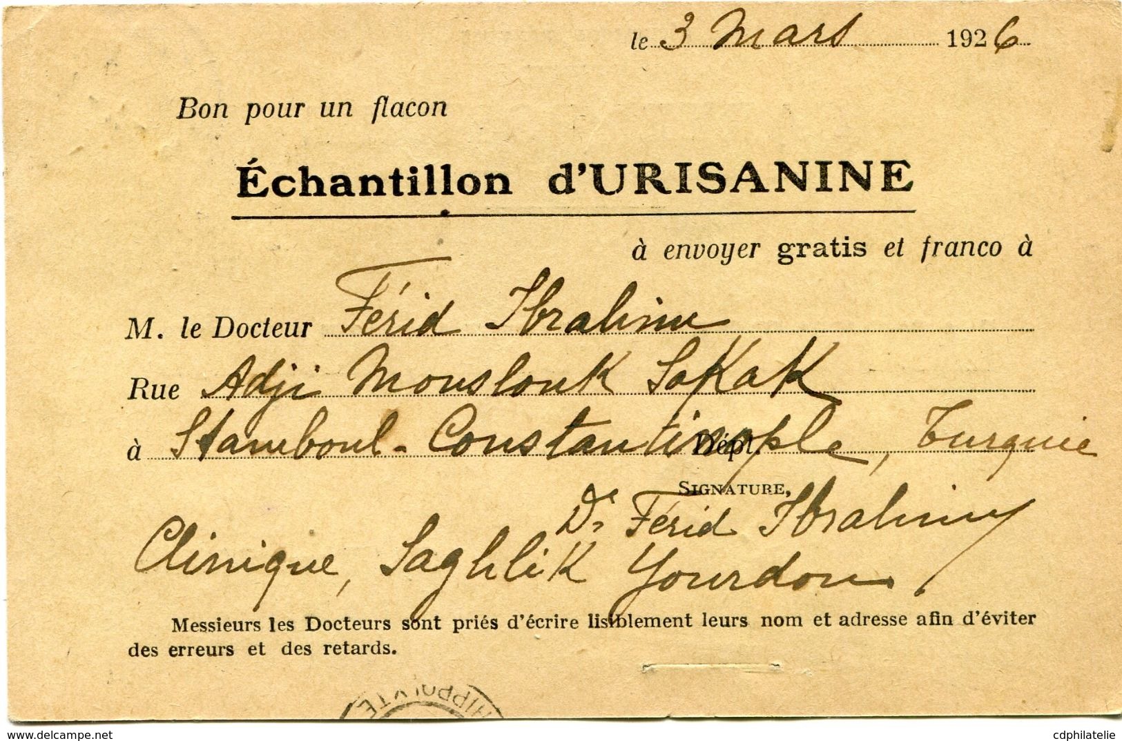 TURQUIE CARTE POSTALE BON POUR UN FLACON ECHANTILLON D'URISANINE DEPART (CONSTANTINOPLE) 3-3-26 POUR LA FRANCE - Briefe U. Dokumente