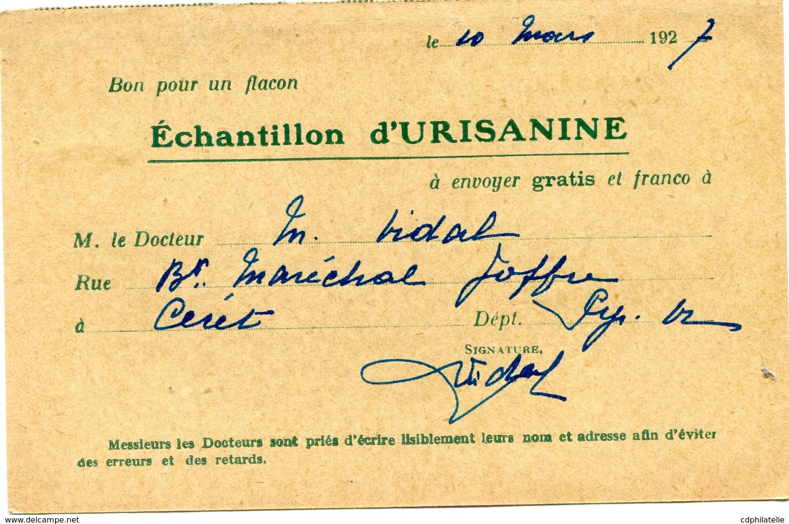 FRANCE CARTE POSTALE BON POUR UN FLACON ECHANTILLON D'URISANINE DEPART CERET 10-3-27 POUR LA FRANCE - 1922-26 Pasteur