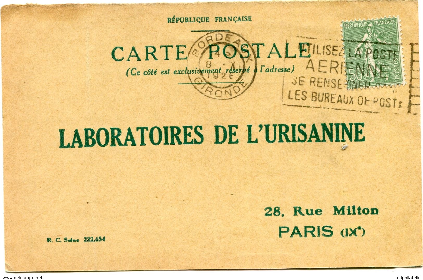 FRANCE CARTE POSTALE BON POUR UN FLACON ECHANTILLON D'URISANINE DEPART BORDEAUX 8 X 1926 POUR LA FRANCE - 1903-60 Sower - Ligned
