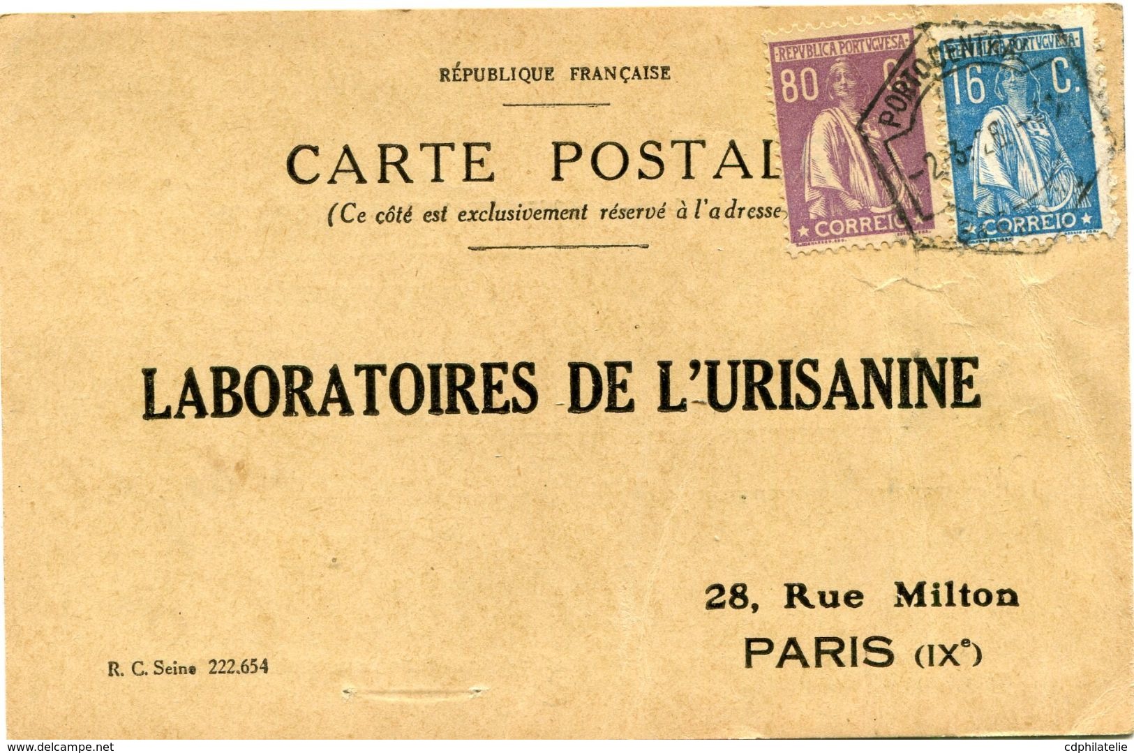 PORTUGAL CARTE POSTALE BON POUR UN FLACON ECHANTILLON D'URISANINE DEPART PORTO 2-3-26 POUR LA FRANCE - Storia Postale