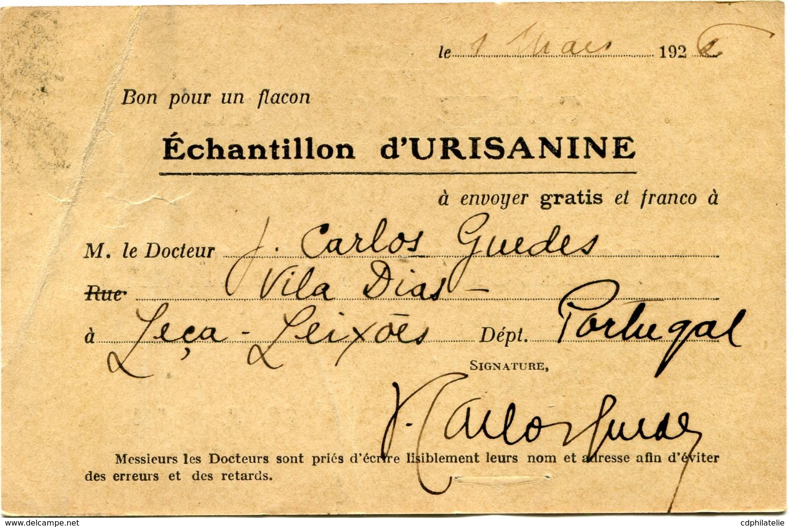 PORTUGAL CARTE POSTALE BON POUR UN FLACON ECHANTILLON D'URISANINE DEPART PORTO 2-3-26 POUR LA FRANCE - Brieven En Documenten