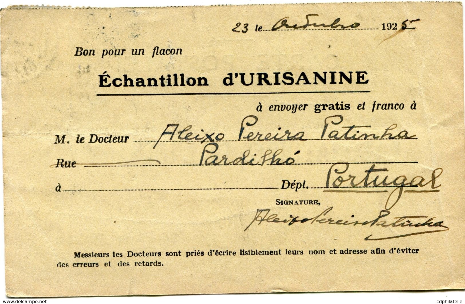 PORTUGAL CARTE POSTALE BON POUR UN FLACON ECHANTILLON D'URISANINE DEPART PARDILHO ? ? 25 POUR LA FRANCE - Lettres & Documents