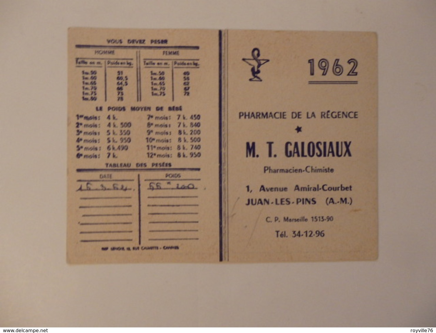 Calendrier De La Pharmacie De La Régence M.T. Galosiaux Pharmacien 1, Avenue Amiral-Courbet à Juan-les-Pins (06). - Petit Format : 1961-70