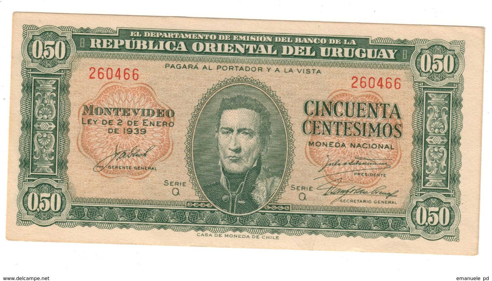 Uruguay 50 Centavos 02/01/1939 AUNC - Uruguay
