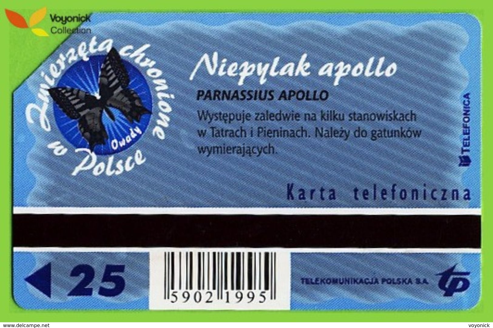 Voyo POLAND Protected Animals APOLLO BUTTERFLY Niepylak Apollo - Parnassius Apollo  - Used Phone Card 2002 # 1352 - Poland