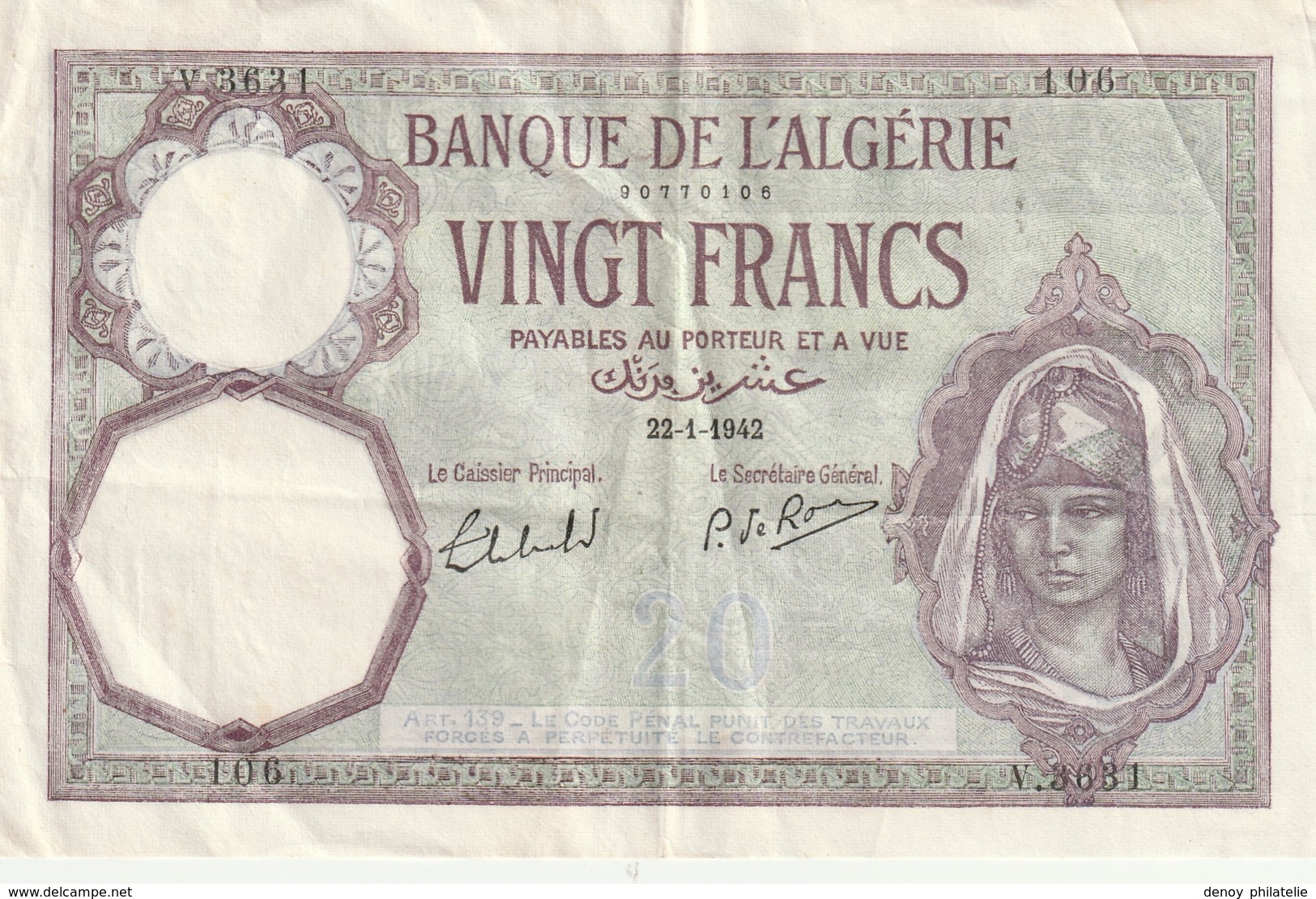 Billet De 20 Francs Algérie Du 22 01  1942 Billet Craquant D'origine Pas De Trous, Simplement Les Plis Visible - Algérie