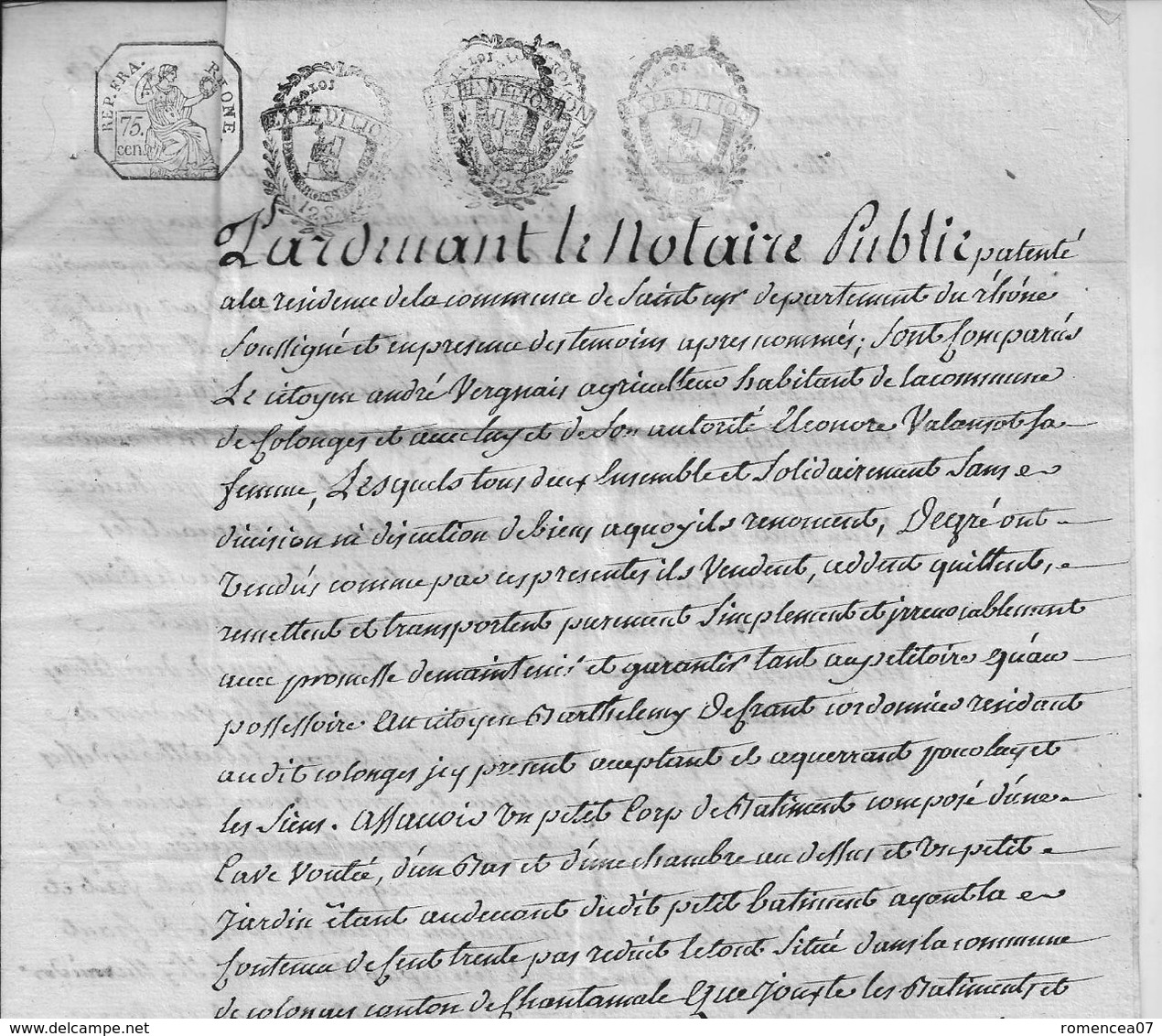 COLLONGES (-au-MONT-d'OR, Rhône) - VENTE Vergnais/Defranc - 6 Thermidor An 7 (24 Juillet 1799) - Acte Notarié - A Voir ! - Documents Historiques