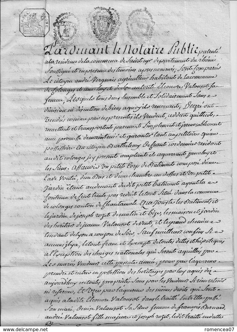 COLLONGES (-au-MONT-d'OR, Rhône) - VENTE Vergnais/Defranc - 6 Thermidor An 7 (24 Juillet 1799) - Acte Notarié - A Voir ! - Documents Historiques