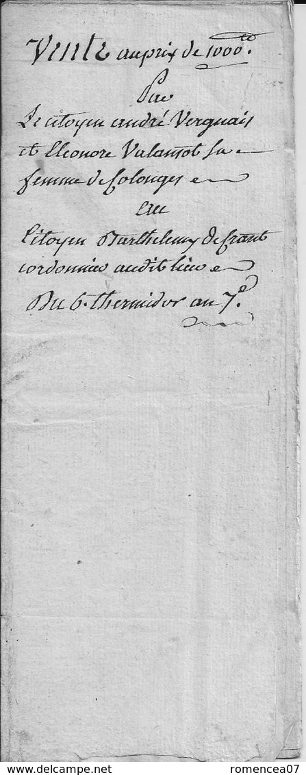 COLLONGES (-au-MONT-d'OR, Rhône) - VENTE Vergnais/Defranc - 6 Thermidor An 7 (24 Juillet 1799) - Acte Notarié - A Voir ! - Documenti Storici