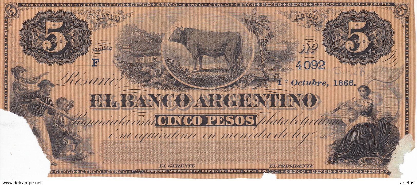 BILLETE DE ARGENTINA DE 5 PESOS DEL AÑO 1866 CON ROTURA  (BANKNOTE) MUY RARO - Argentina