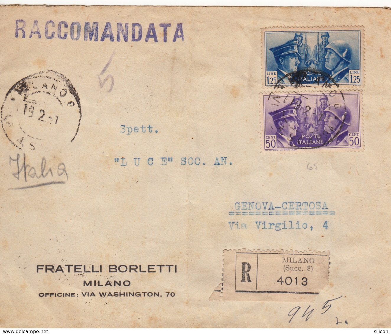 Regno Storia Postale - Alleanza Italo-Tedesca L. 1.25 E Cent.50, Da Milano Per Genova 19.2.41 - Storia Postale