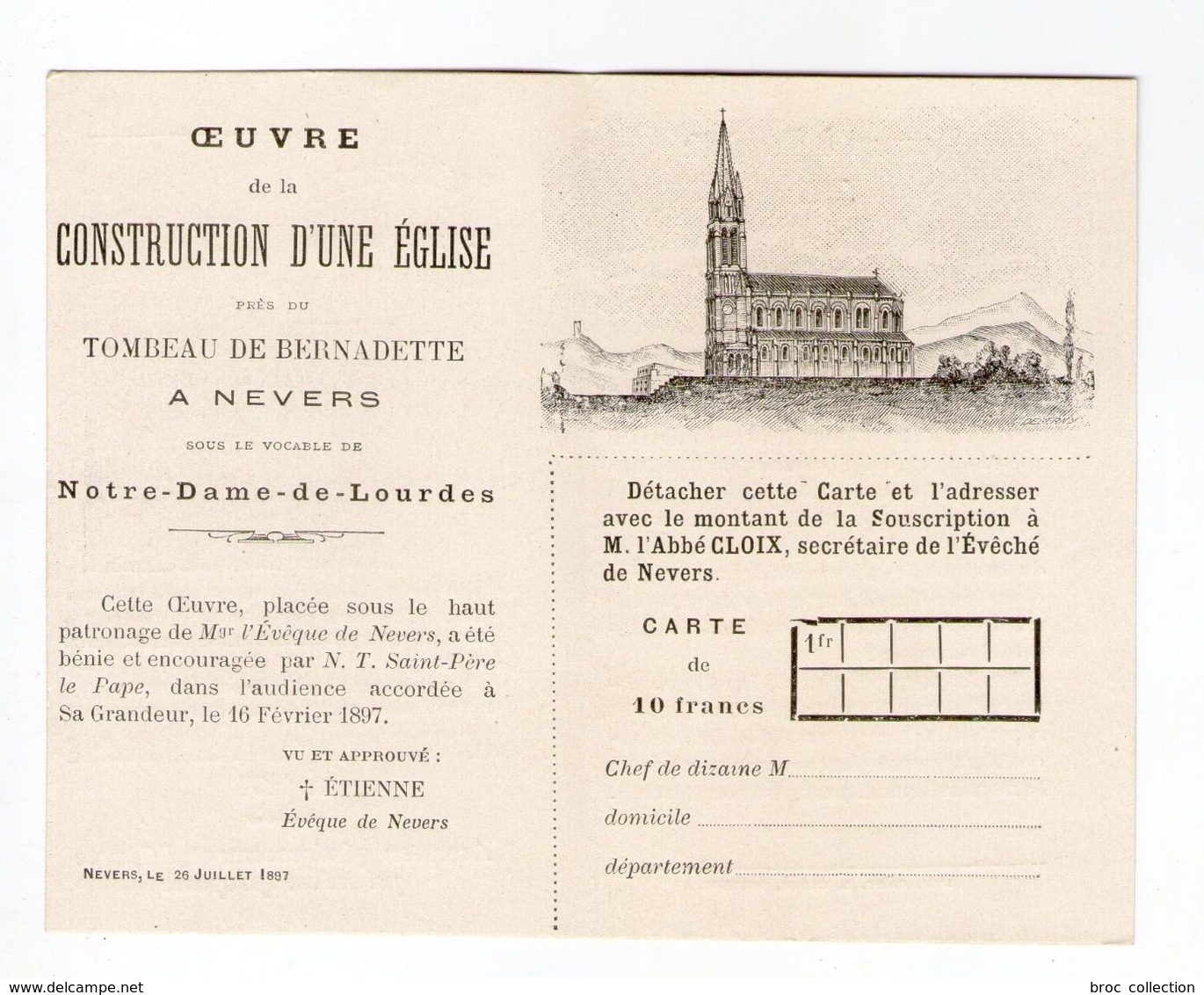 Nevers, Oeuvre De Construction D'une église Près Du Tombeau De Bernadette, Notre-Dame De Lourdes, Pélerinage 1897 - Images Religieuses