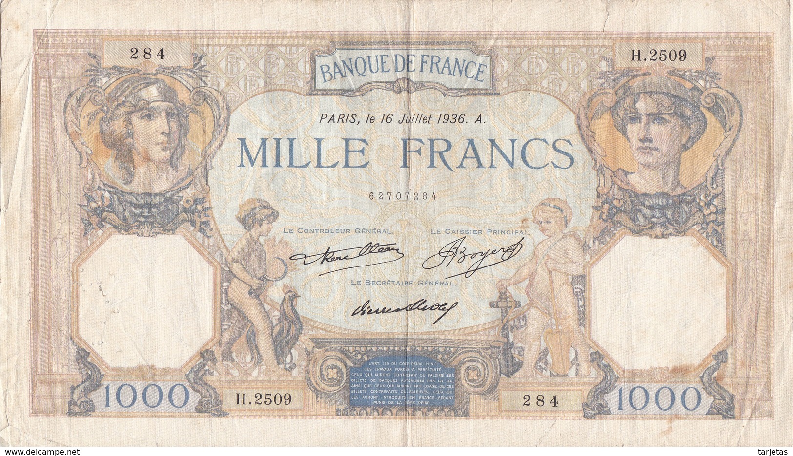 BILLETE DE FRANCIA DE 1000 FRANCS DEL 16-7-1936  (BANKNOTE) - 1 000 F 1927-1940 ''Cérès Et Mercure''