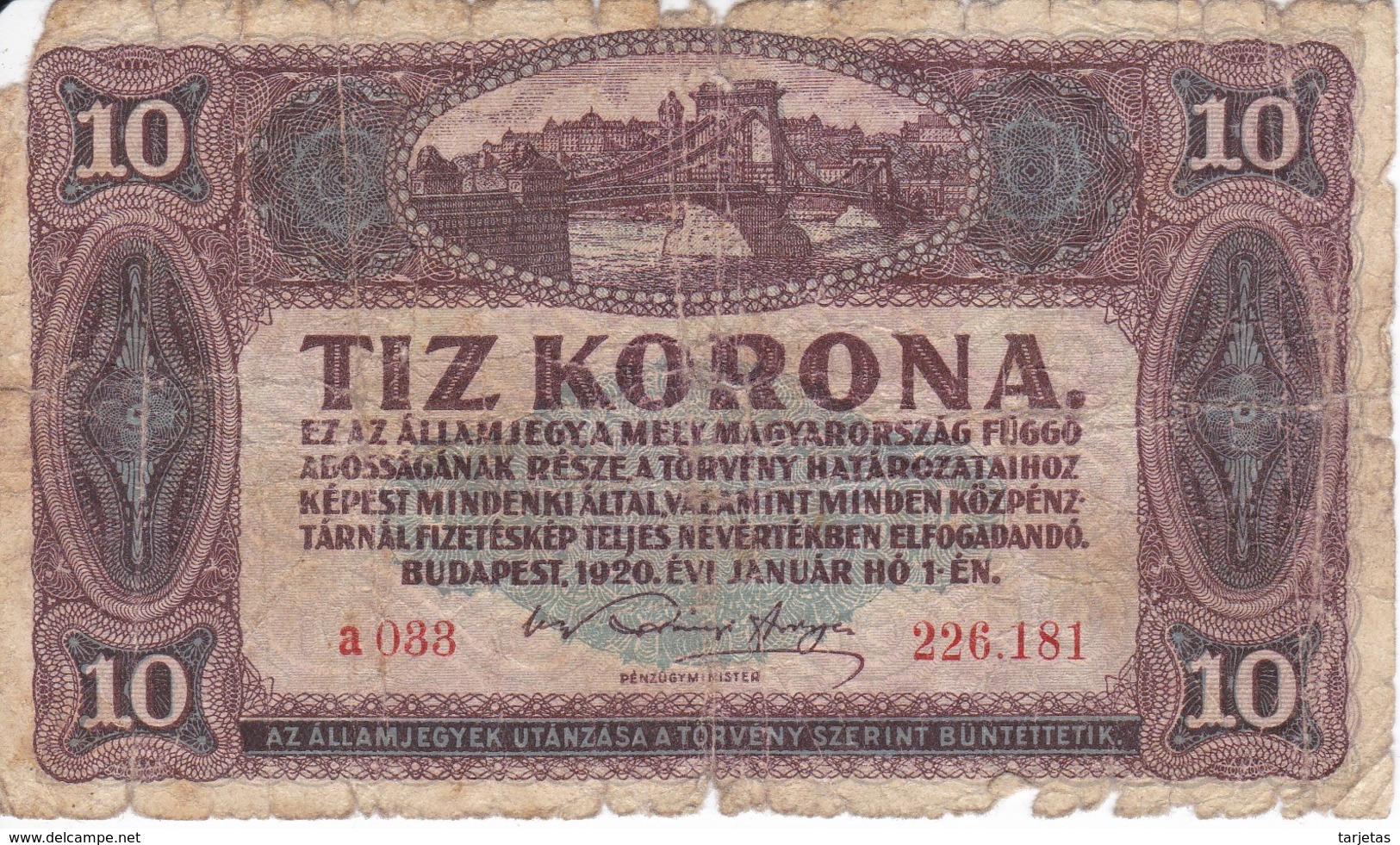 BILLETE DE HUNGRIA DE 10 KORONA DEL AÑO 1920 (BANKNOTE) - Hungría