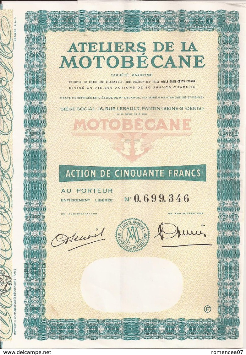 Action ATELIERS De La MOTOBECANE (1) - PANTIN (Seine-Saint-Denis) - 50 Francs  - Présence De 13 Coupons - Mobylette - Transportmiddelen