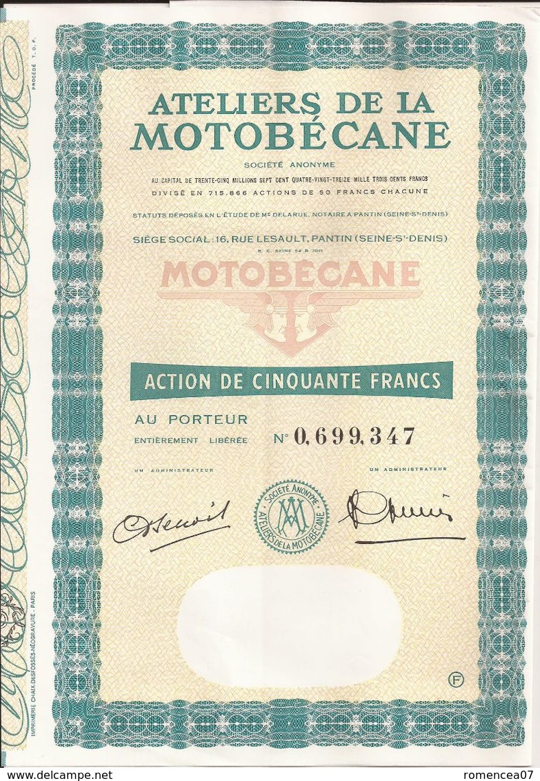 Action ATELIERS De La MOTOBECANE (2) - PANTIN (Seine-Saint-Denis) - 50 Francs  - Présence De 13 Coupons - Mobylette - Transports