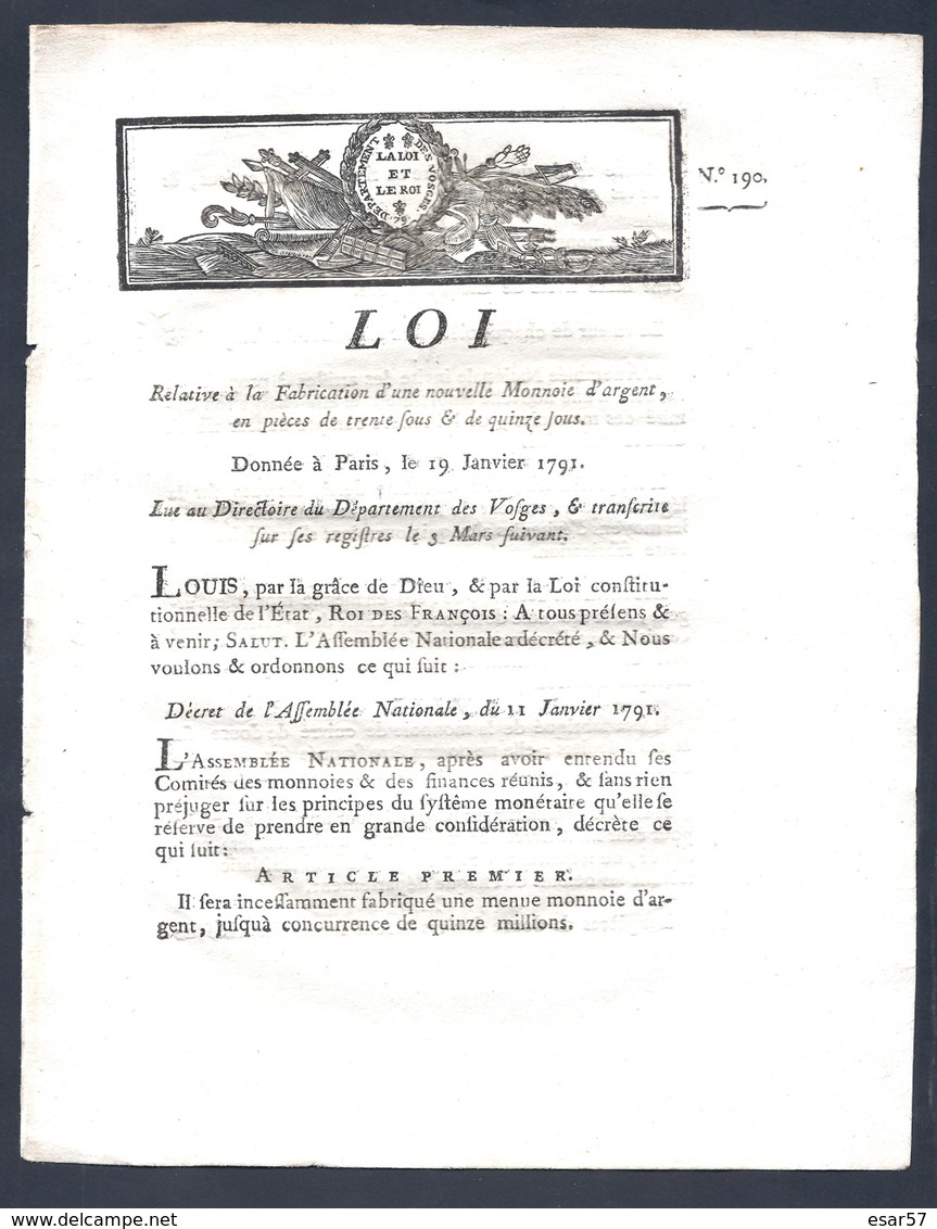 Loi Du 11 Janvier 1791 Pour La Fabrication Des Pièces De 15 Et 30 Sols En Argent Vosges Imprimé à Epinal - Livres & Logiciels