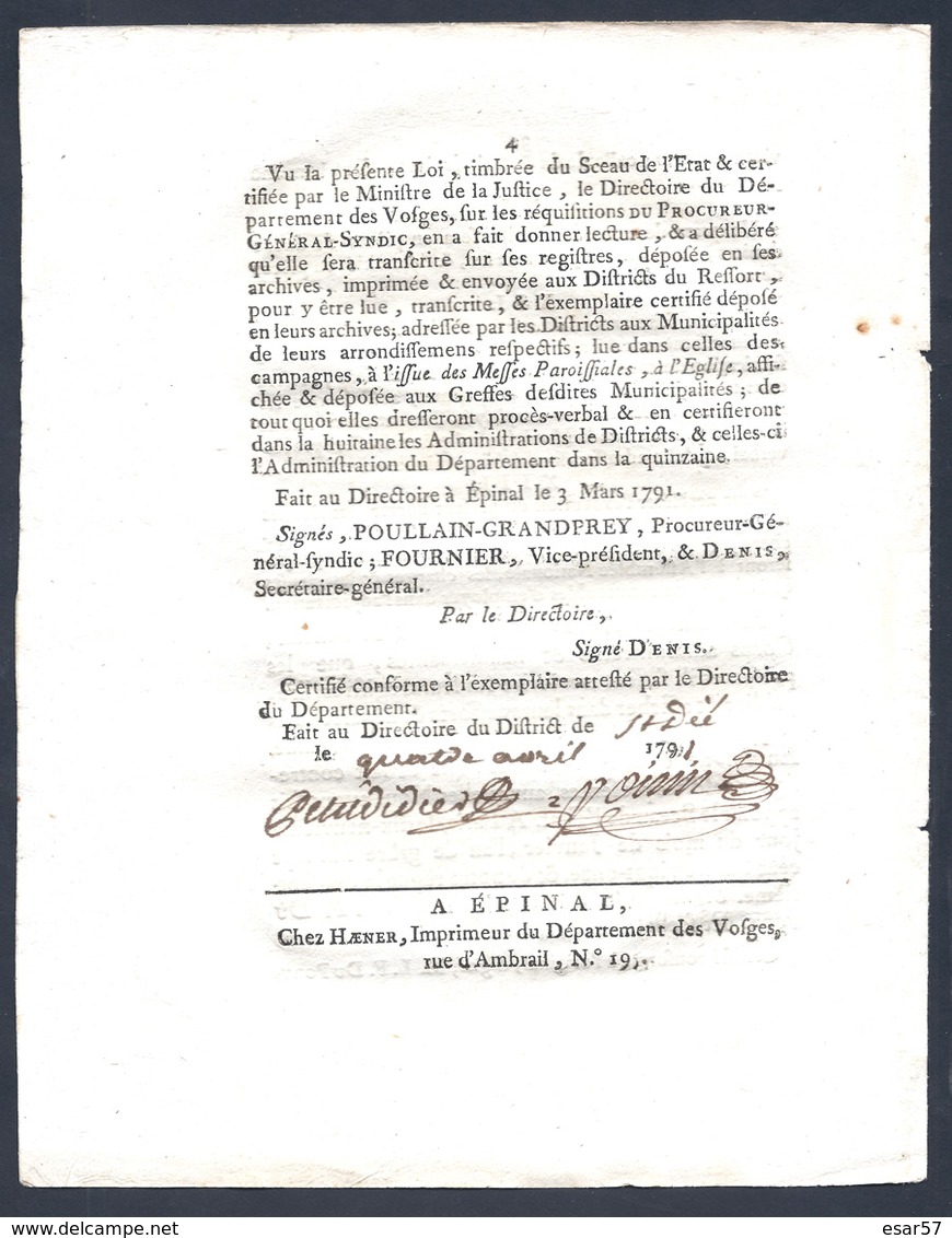 Loi Du 11 Janvier 1791 Pour La Fabrication Des Pièces De 15 Et 30 Sols En Argent Vosges Imprimé à Epinal - Livres & Logiciels