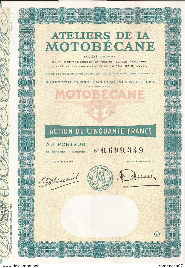 Action ATELIERS De La MOTOBECANE (4) - PANTIN (Seine-Saint-Denis) - 50 Francs  - Présence De 13 Coupons - Mobylette - Transports