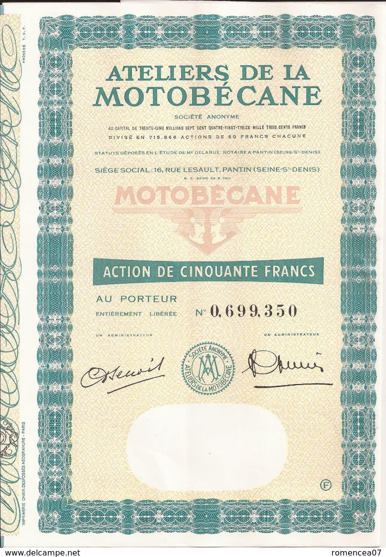 Action ATELIERS De La MOTOBECANE (5) - PANTIN (Seine-Saint-Denis) - 50 Francs  - Présence De 13 Coupons - Mobylette - Trasporti