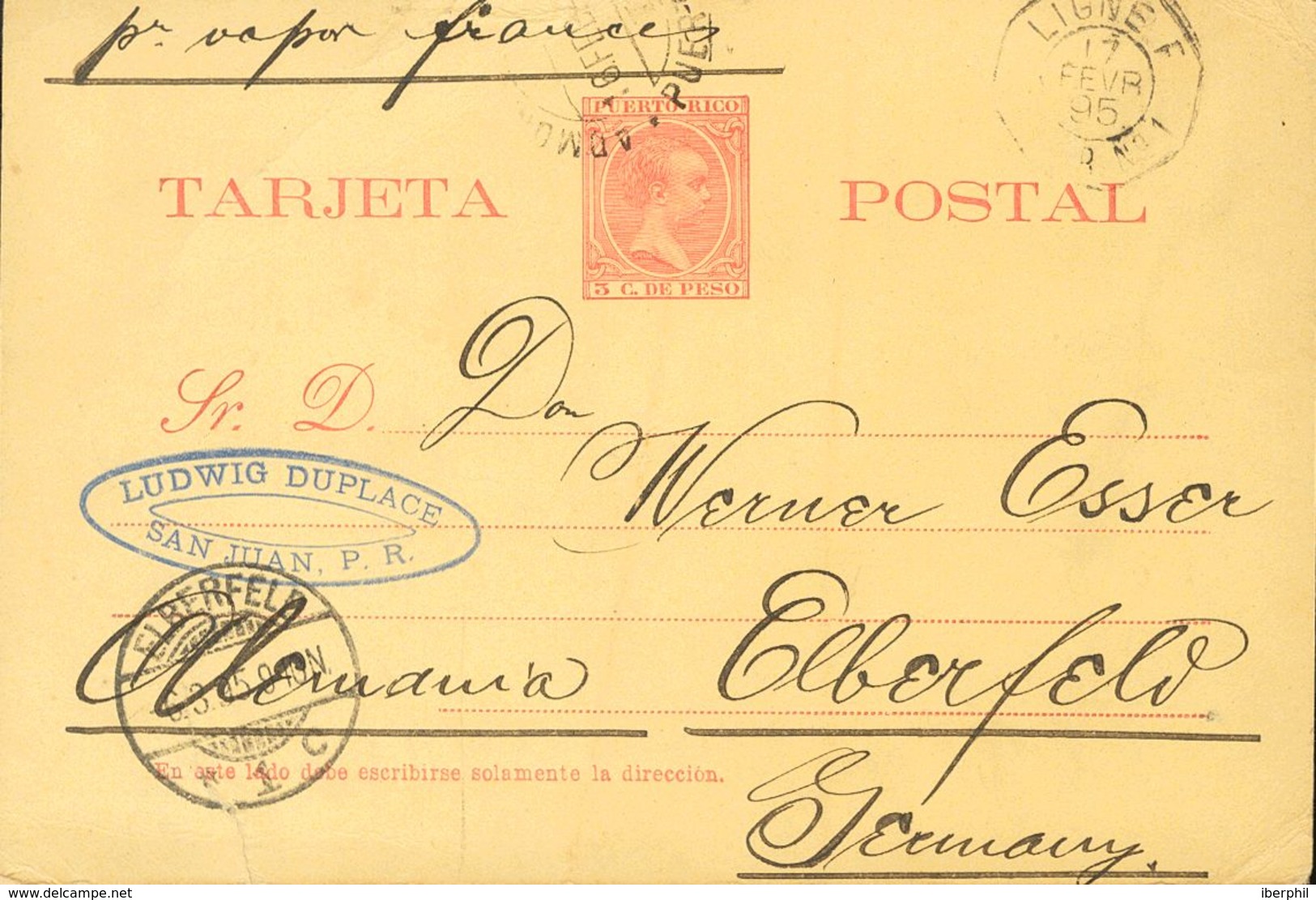 Sobre EP6. 1895. 3 Ctvos Rojo Sobre Tarjeta Entero Postal De SAN JUAN (PUERTO-RICO) A EBERFELD (ALEMANIA). Matasello ADM - Other & Unclassified