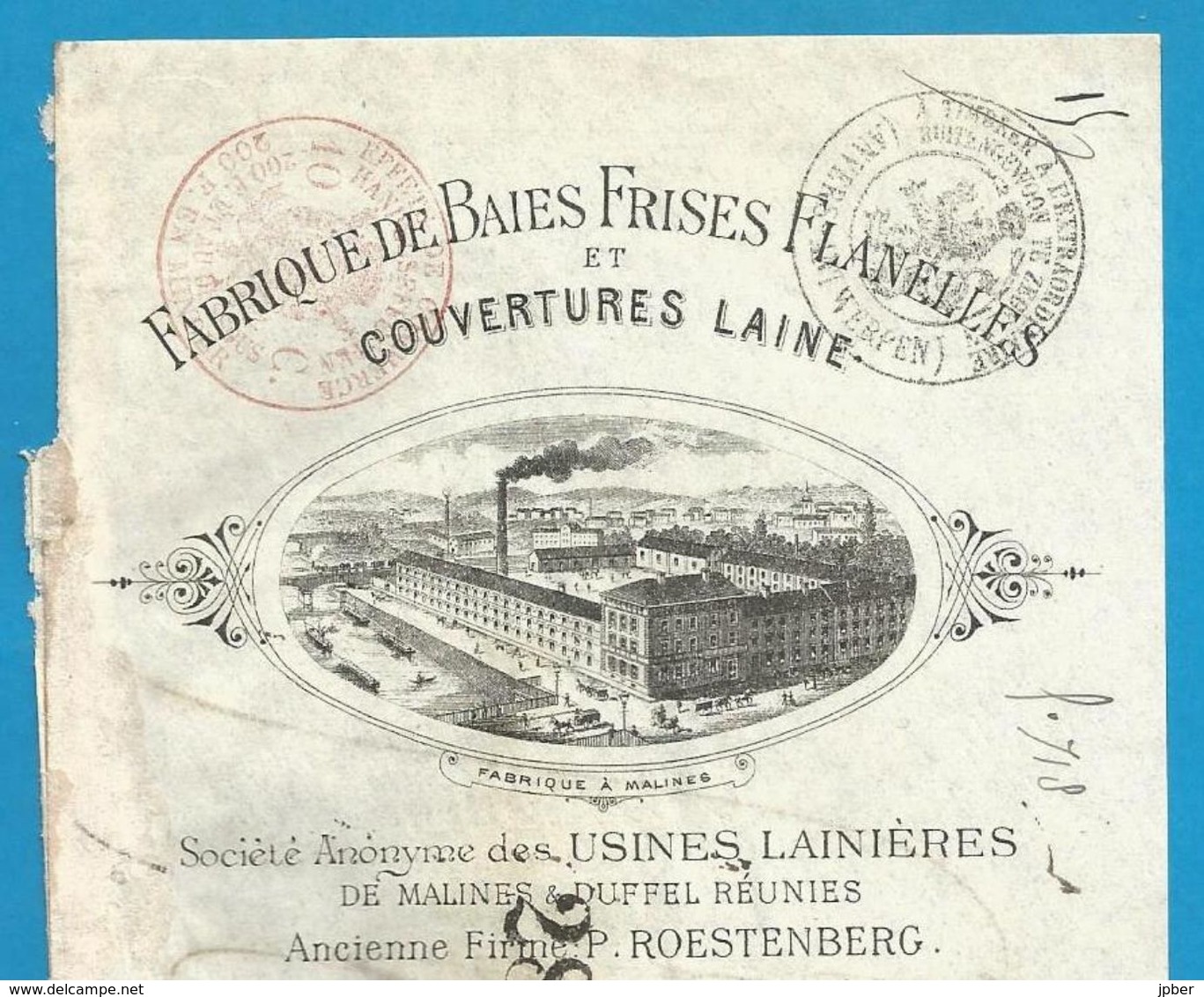 (B004) Belgique - Fabrique Baies Frises Flanelles Couvertures Laine - Firme Roetsenberg - Malines & Duffel - 7/12/1895 - Textile & Vestimentaire