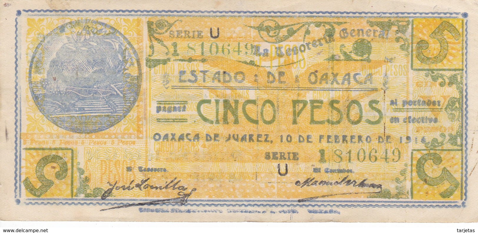 BILLETE DE MEXICO DE 5 PESOS DEL ESTADO DE OAXACA DEL 10 DE FEBRERO DEL 1916  (BANKNOTE) RARO - Mexique