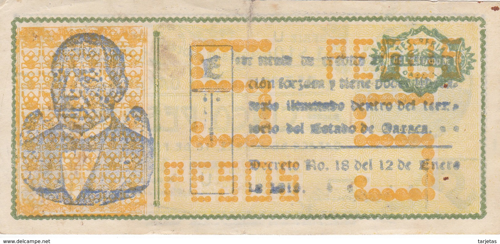 BILLETE DE MEXICO DE 5 PESOS DEL ESTADO DE OAXACA DEL 10 DE FEBRERO DEL 1916  (BANKNOTE) RARO - Mexique